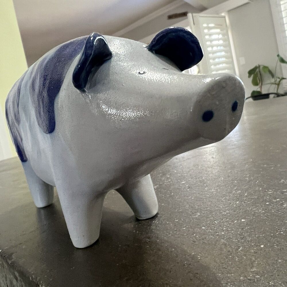 VTG Signed David ELDRETH SALT GLAZED Stonewear Pig COBALT BLUE ON GRAY - Picture 7 of 12